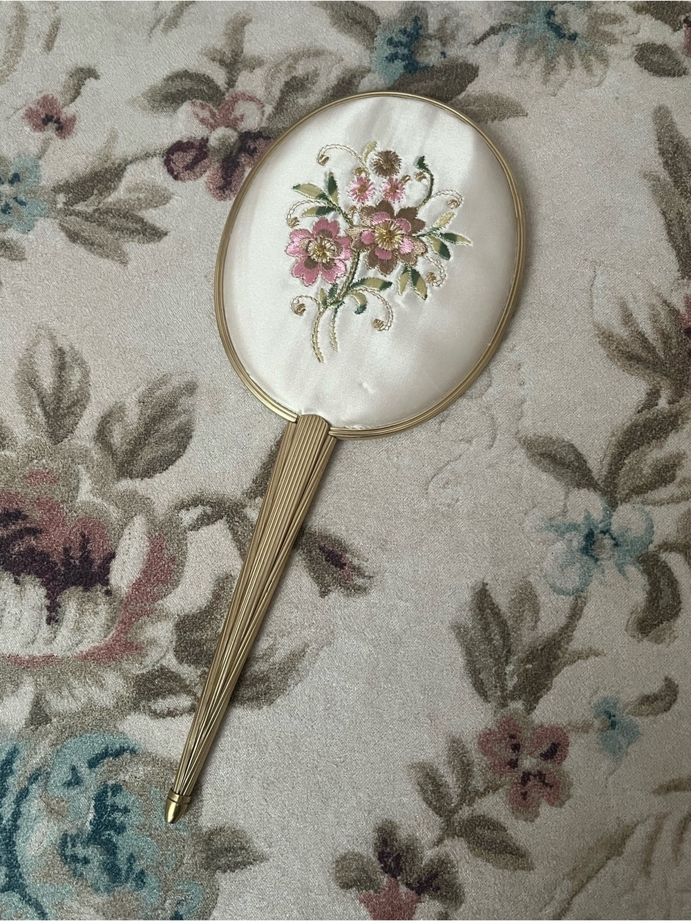 Vintage Pink Floral Embroidered Hand Mirror with Gold Handle